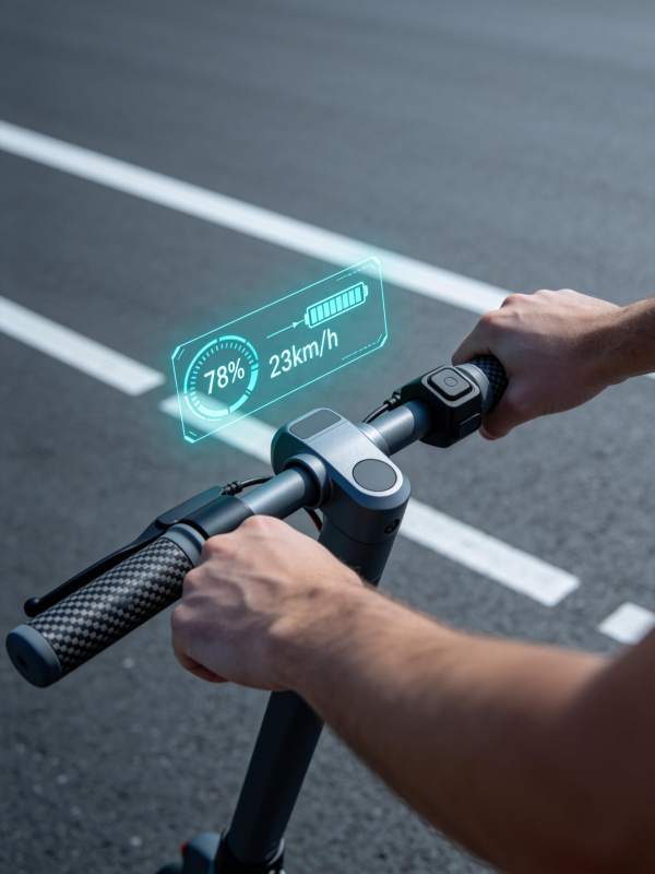电动滑板车骑行中显示速度与电量信息图片