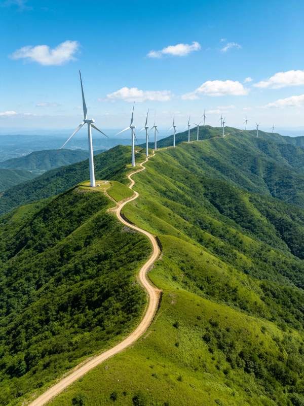 山脊蜿蜒土路旁矗立多座白色风力发电机图片