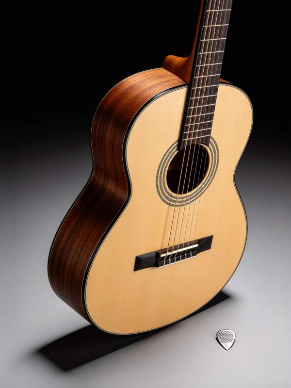 木质古典吉他与金属拨片特写展示图片