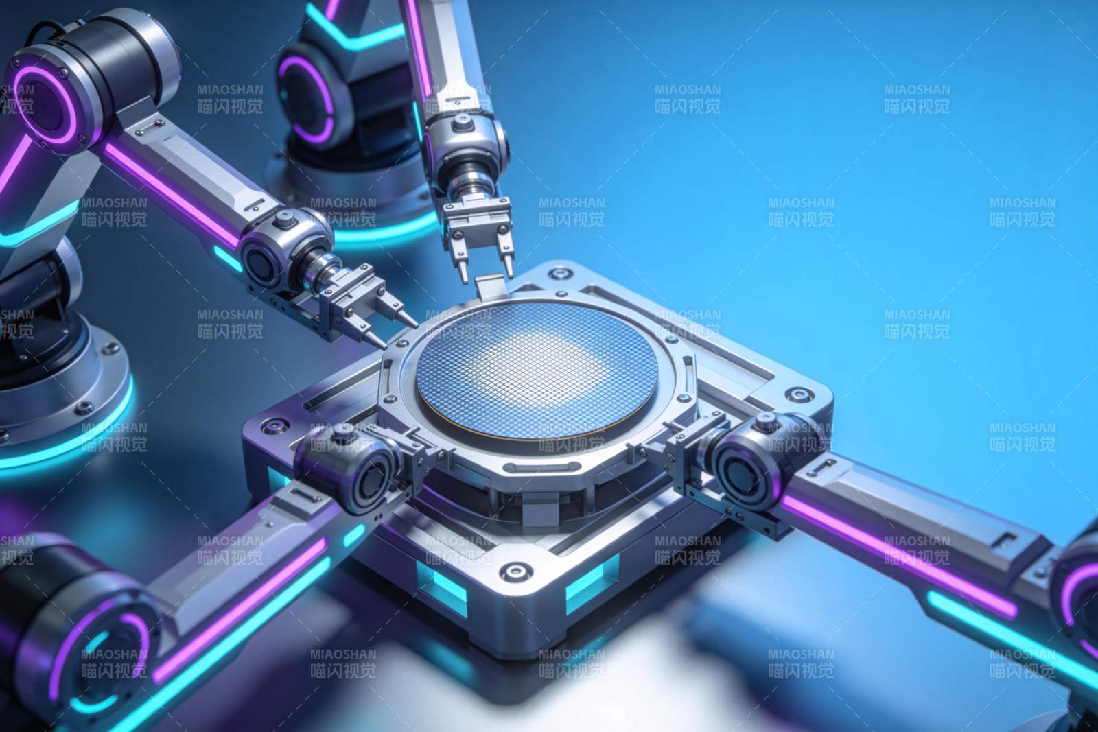 多机械臂协同操作晶圆的精密制造场景图片