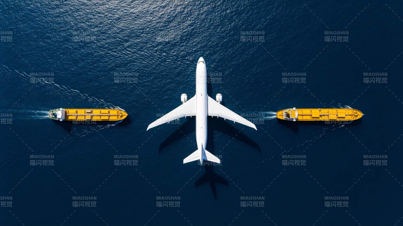 白色客机与两艘黄色货船在深蓝海面航行图片