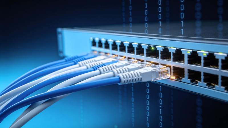 网络交换机连接多根网线传输数据图片