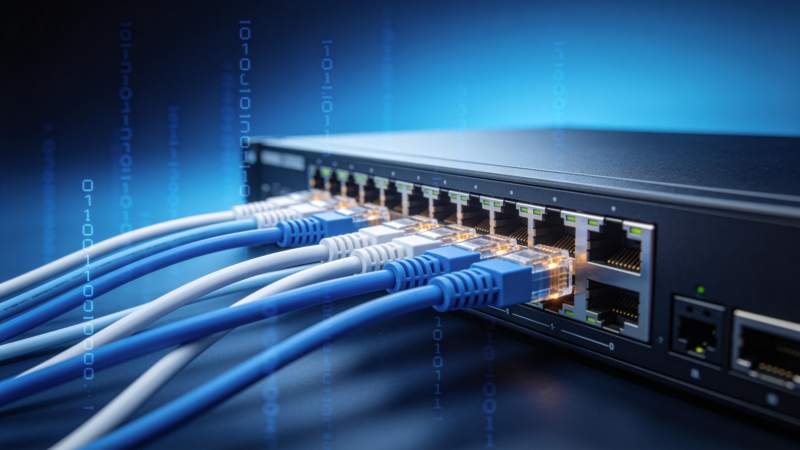 网络交换机连接多根网线传输数据信号图片