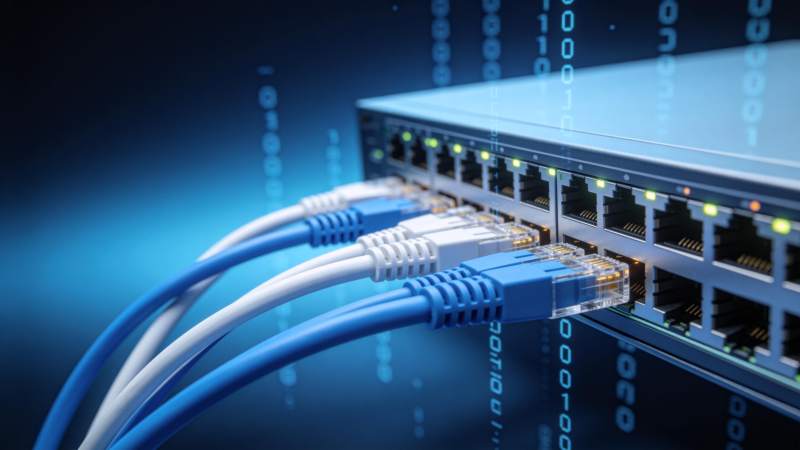 网络交换机连接多根网线数据传输场景图片