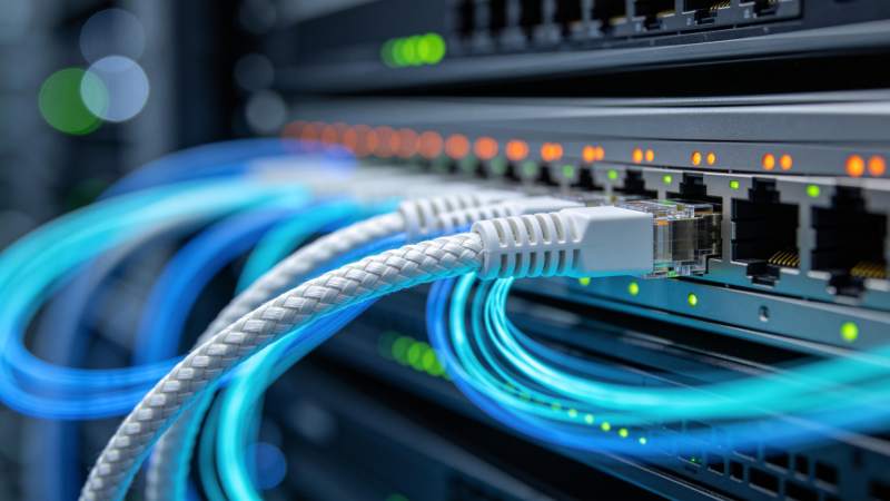 服务器机柜中网线连接与指示灯闪烁特写图片