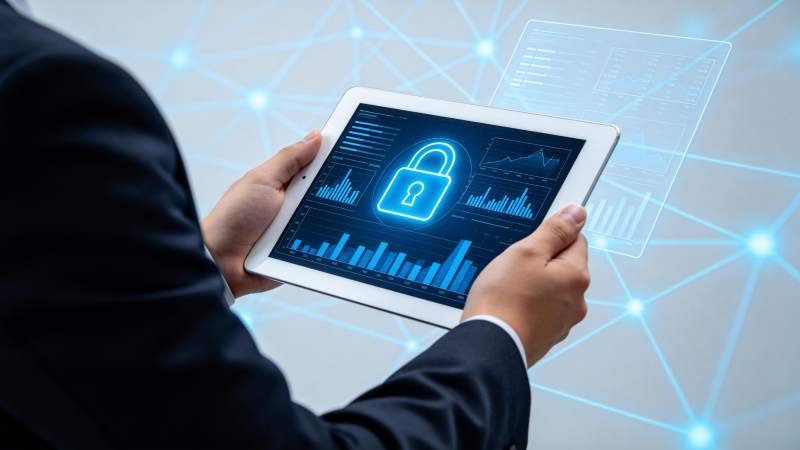 商务人士手持平板展示网络安全数据图表图片