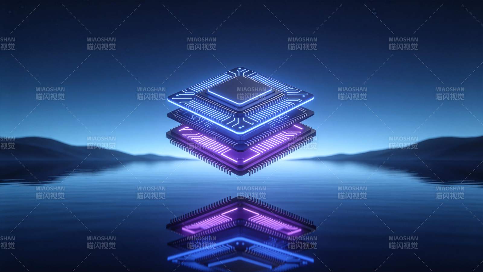 发光芯片悬浮水面倒影科技感场景图片