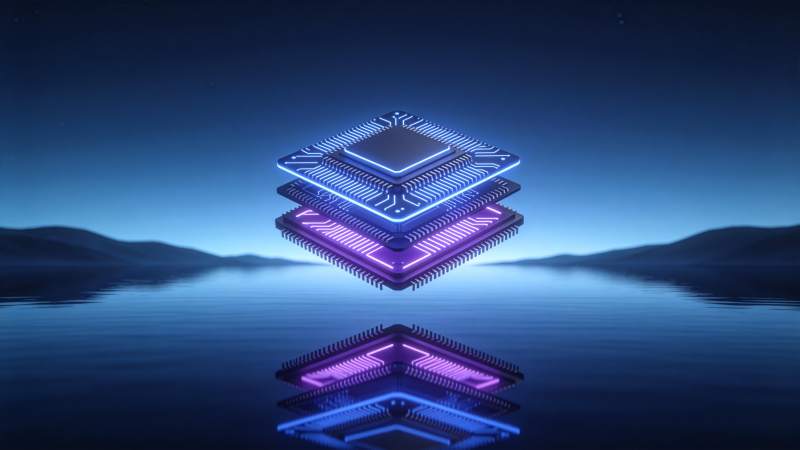 发光芯片悬浮水面倒影科技感场景图片