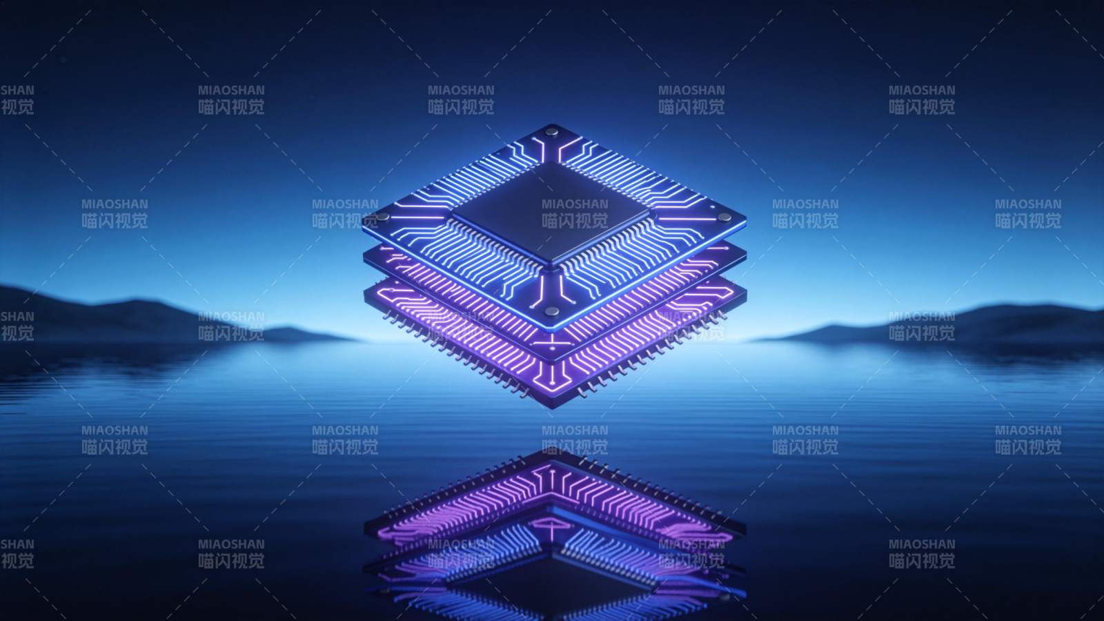 发光芯片悬浮于水面倒影之上科技感场景图片