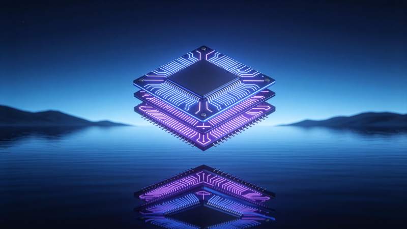 发光芯片悬浮于水面倒影之上科技感场景图片