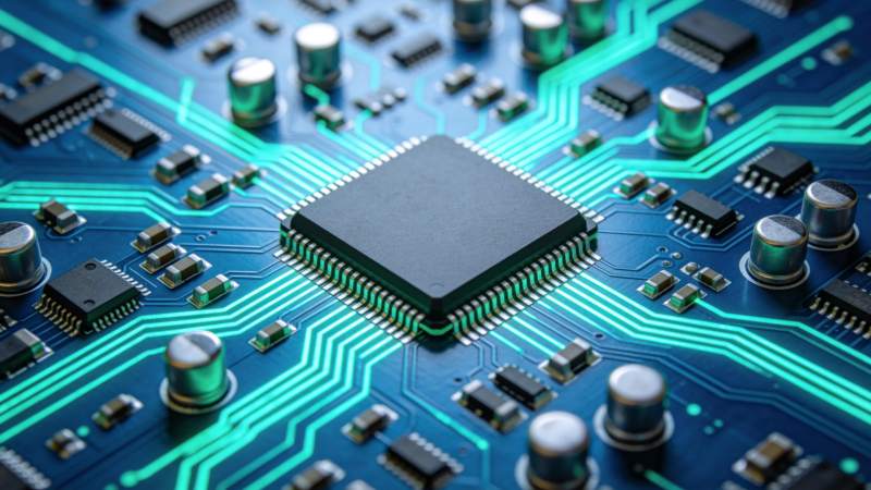 蓝色电路板上中央处理器与电子元件特写图片