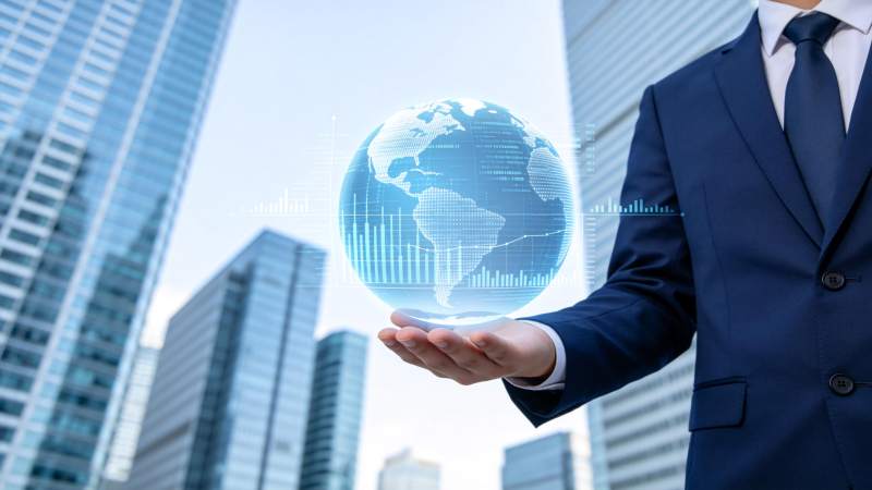 商务人士托举全息地球与数据图表图片