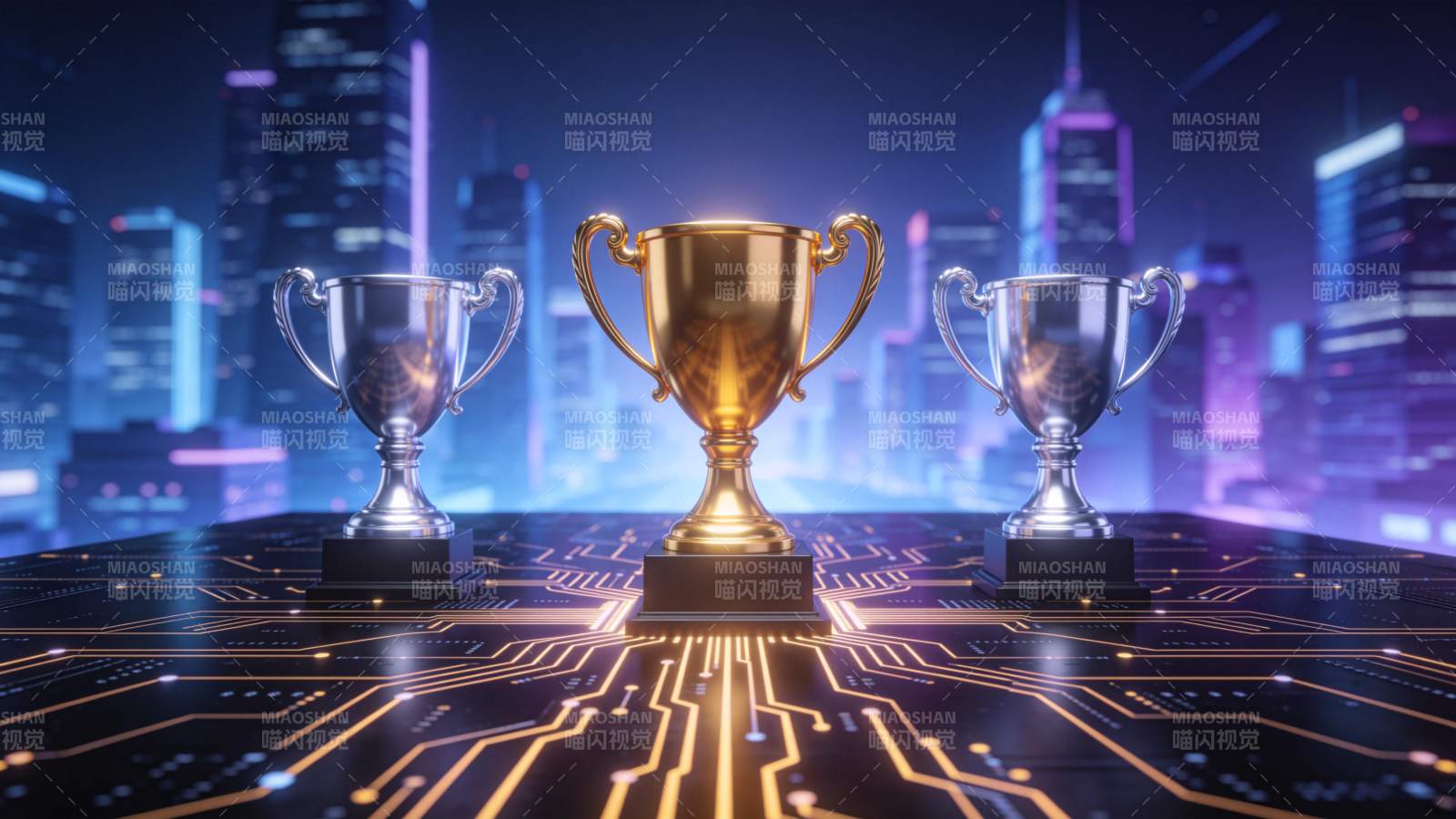 三座奖杯置于电路板上城市夜景背景图片