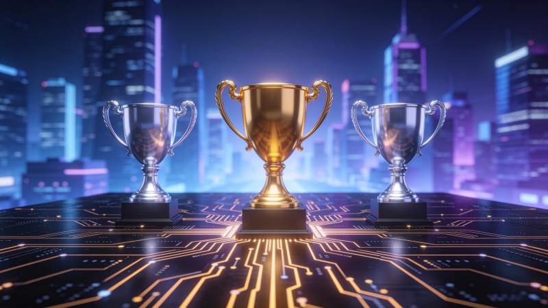 三座奖杯置于电路板上城市夜景背景图片