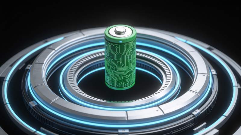 绿色电路图案电池置于发光环形科技底座中央图片