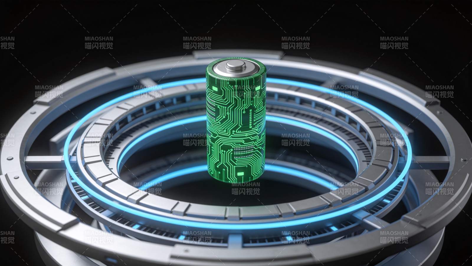 绿色电路板电池置于发光环形科技装置中央图片