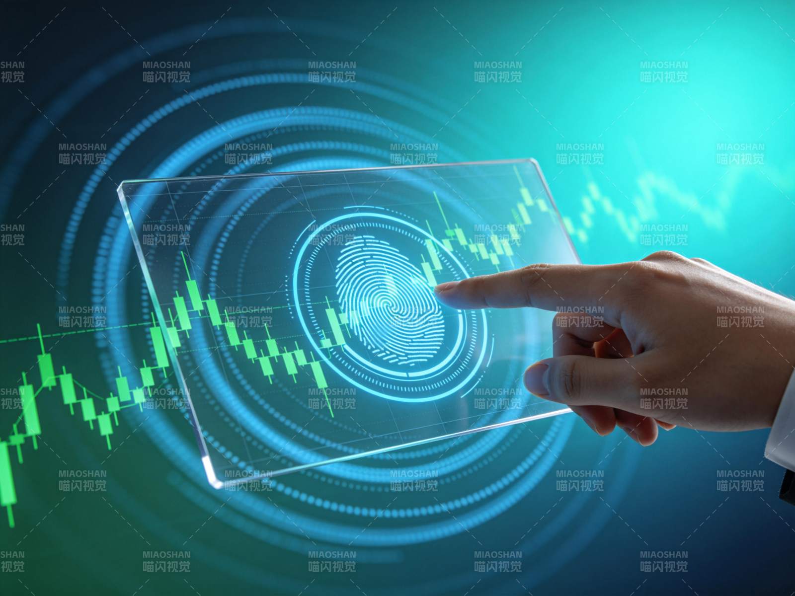 手指触控透明屏幕显示指纹与金融图表图片