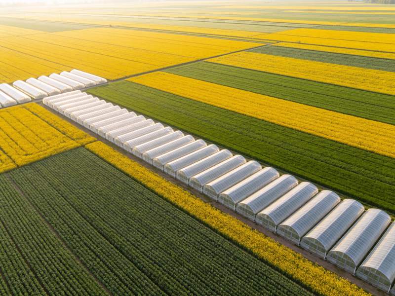 农田中整齐排列的温室大棚与彩色作物带图片