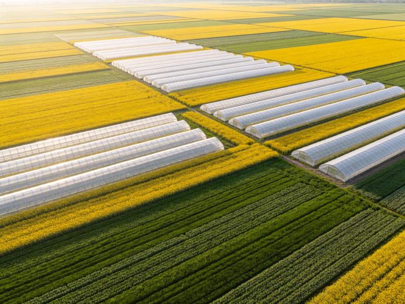 航拍农田中整齐排列的温室大棚与油菜花田图片