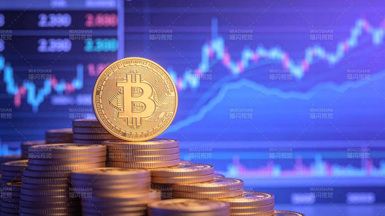 比特币金币堆叠于金融数据图表前图片