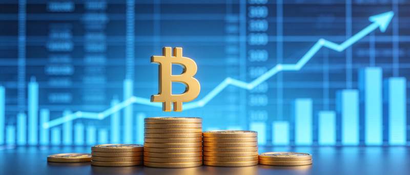 比特币符号立于金币堆前股市图表背景图片