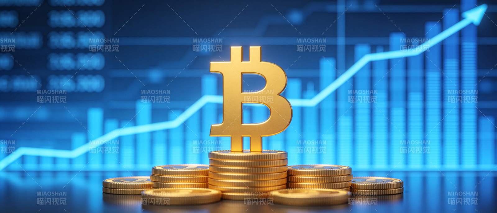 比特币标志立于金币堆上背景为上涨图表图片