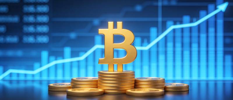 比特币标志立于金币堆上背景为上涨图表图片