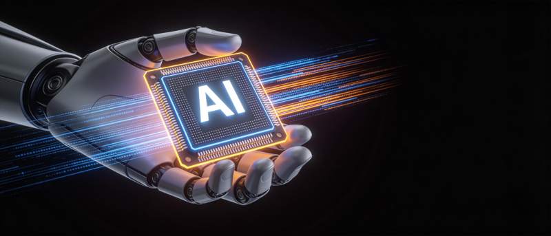 机械手臂托举发光AI芯片展现科技感图片