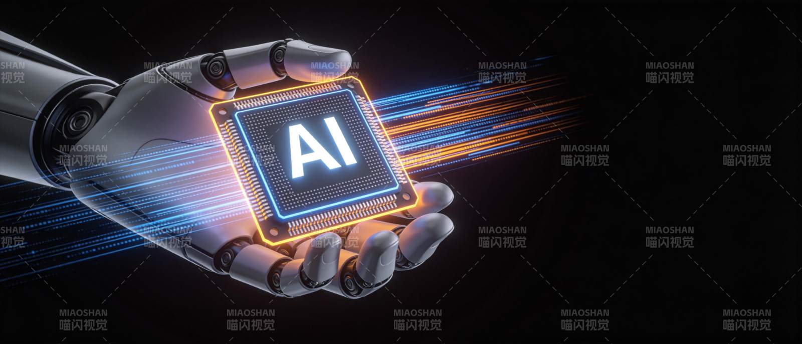 机械手臂托举发光AI芯片展现科技感图片