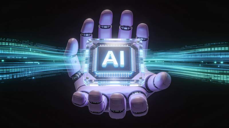 机械手托举发光AI芯片展现科技感图片