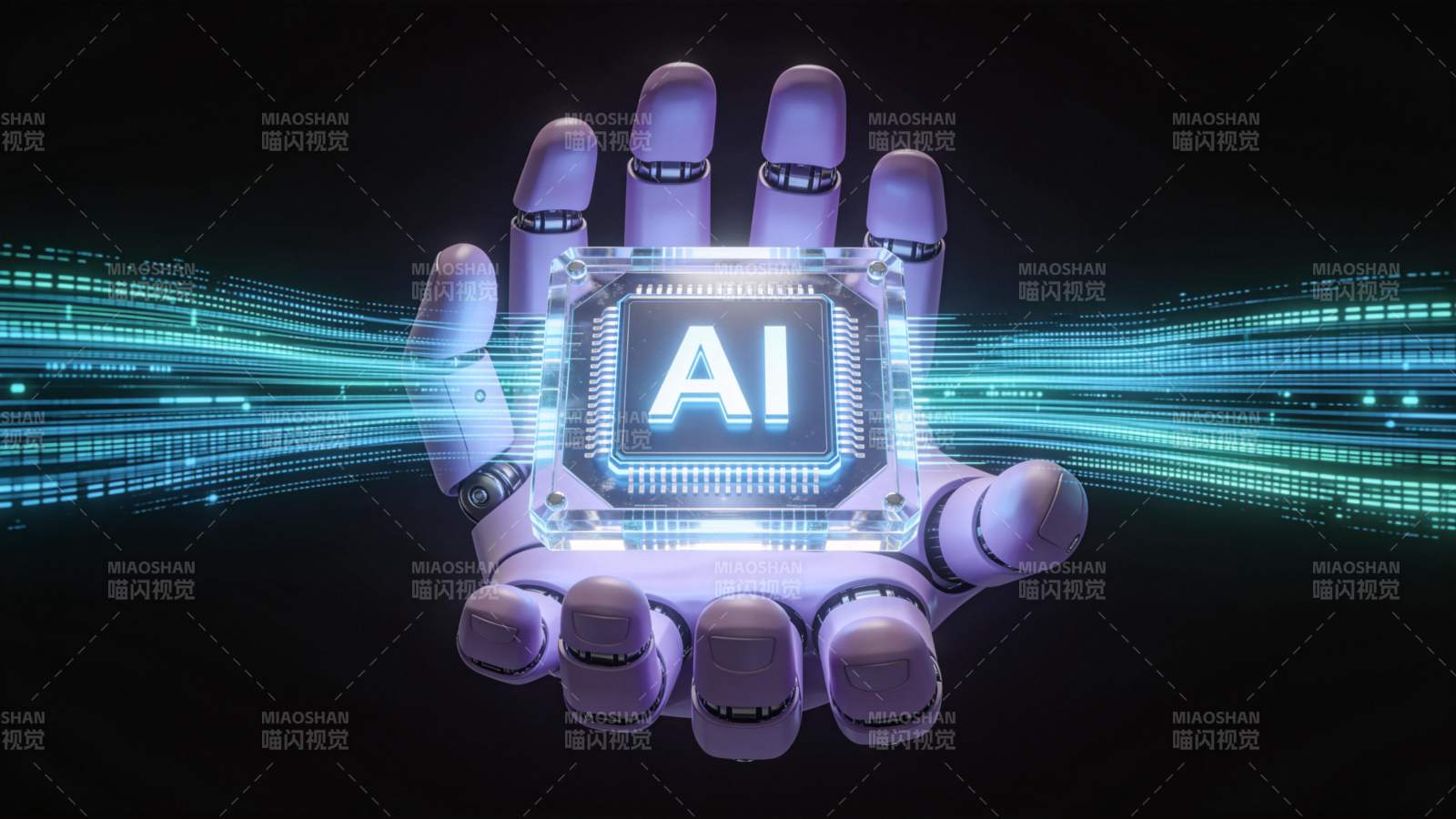 机械手托举发光AI芯片展现科技感图片