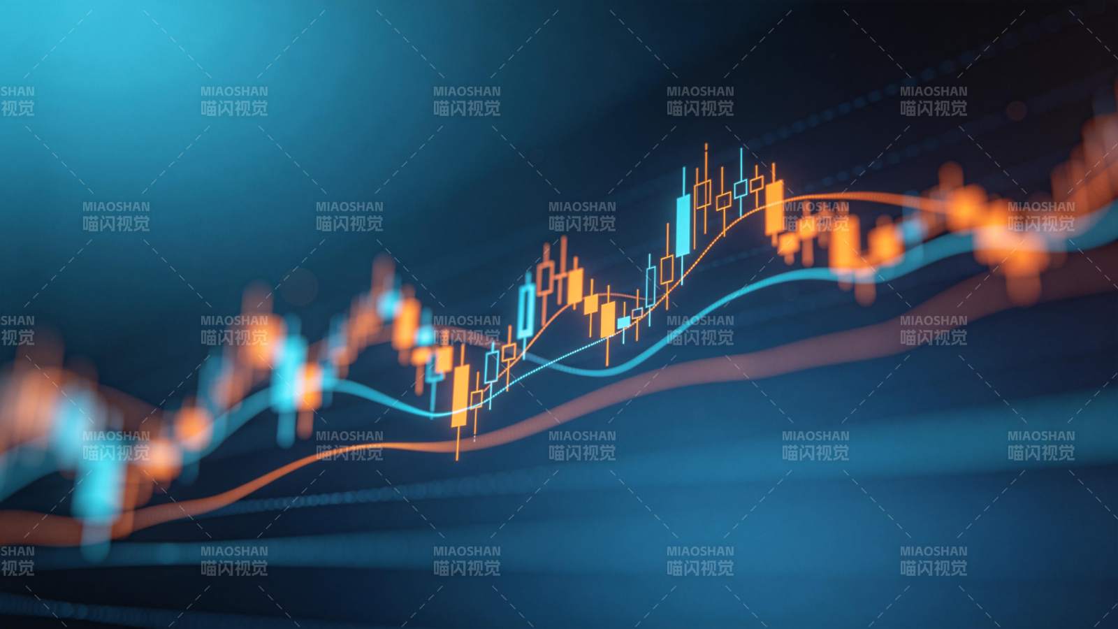 蓝色背景下的金融K线图与趋势曲线图片