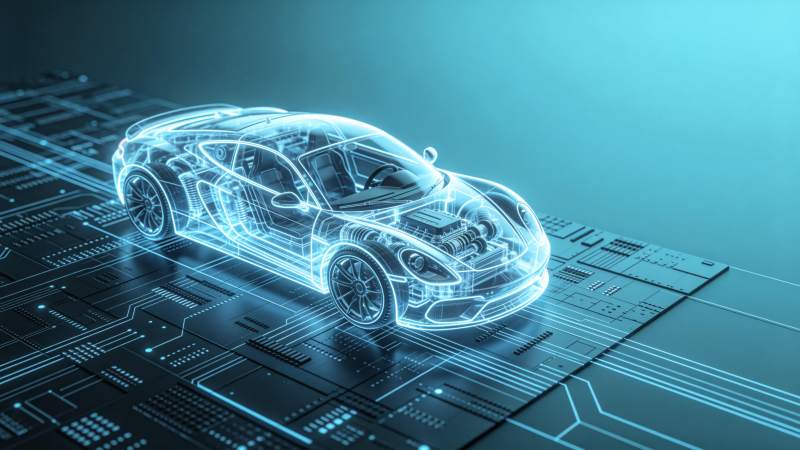 透明线框跑车置于电路板上的科技概念图图片