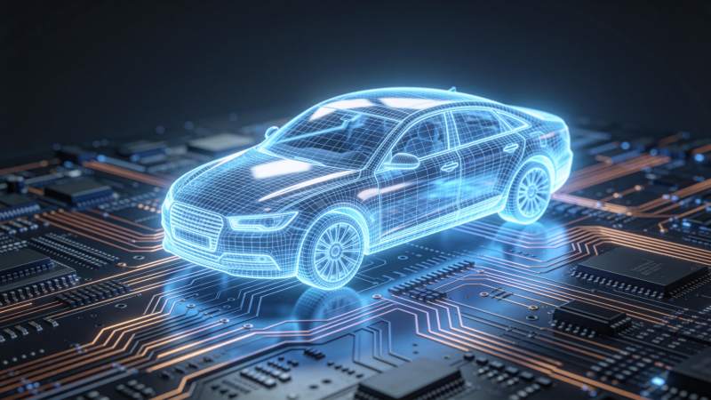 蓝色线框汽车悬浮于电路板之上图片