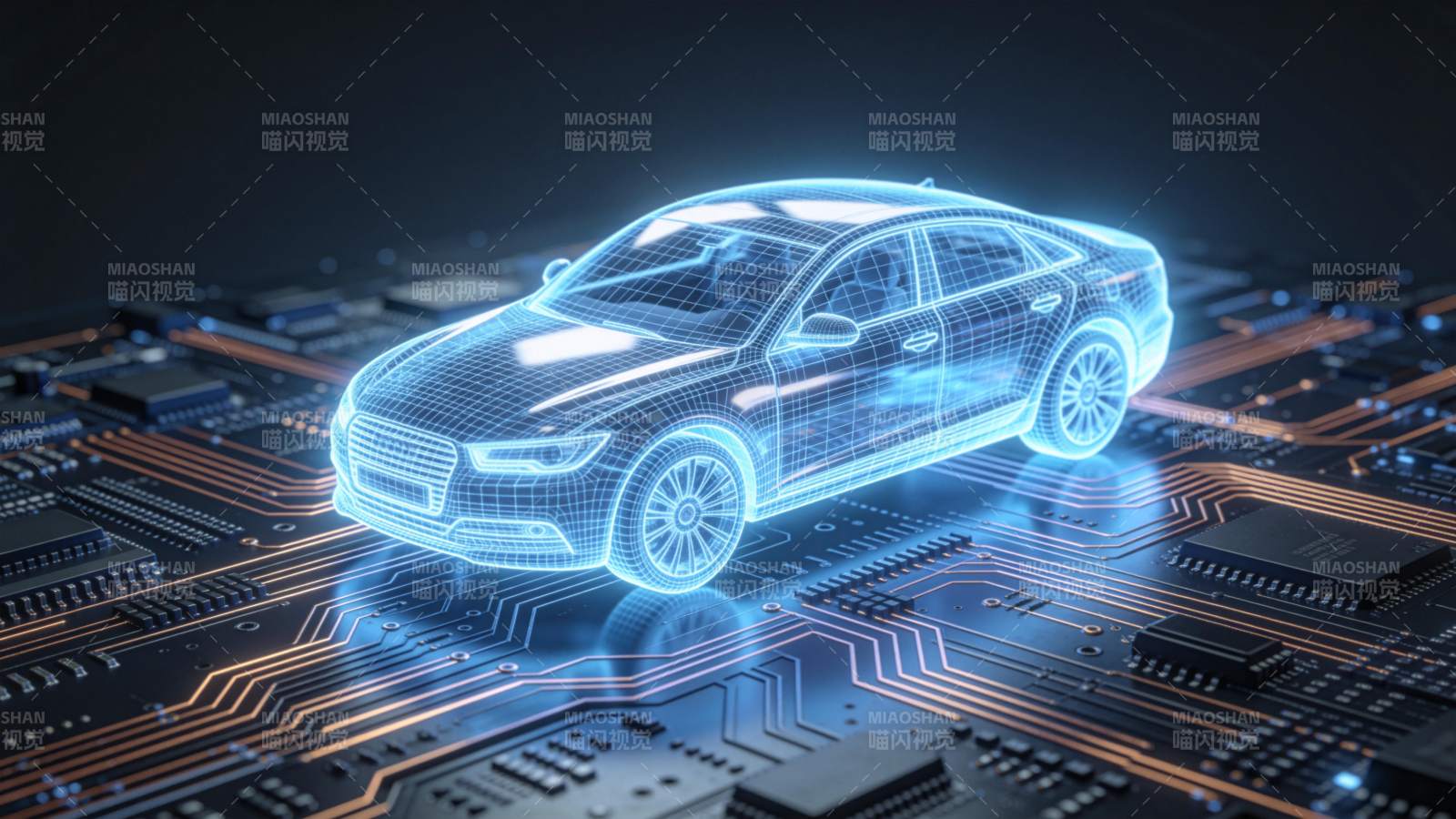 蓝色线框汽车悬浮于电路板之上图片
