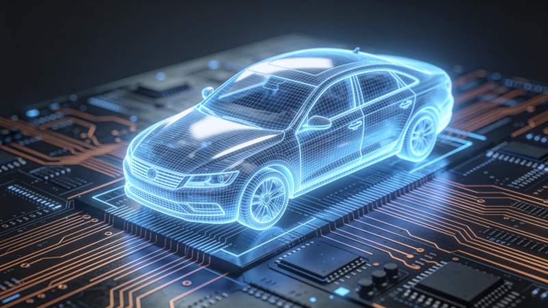 蓝色线框汽车悬浮于电路板之上展示科技融合图片