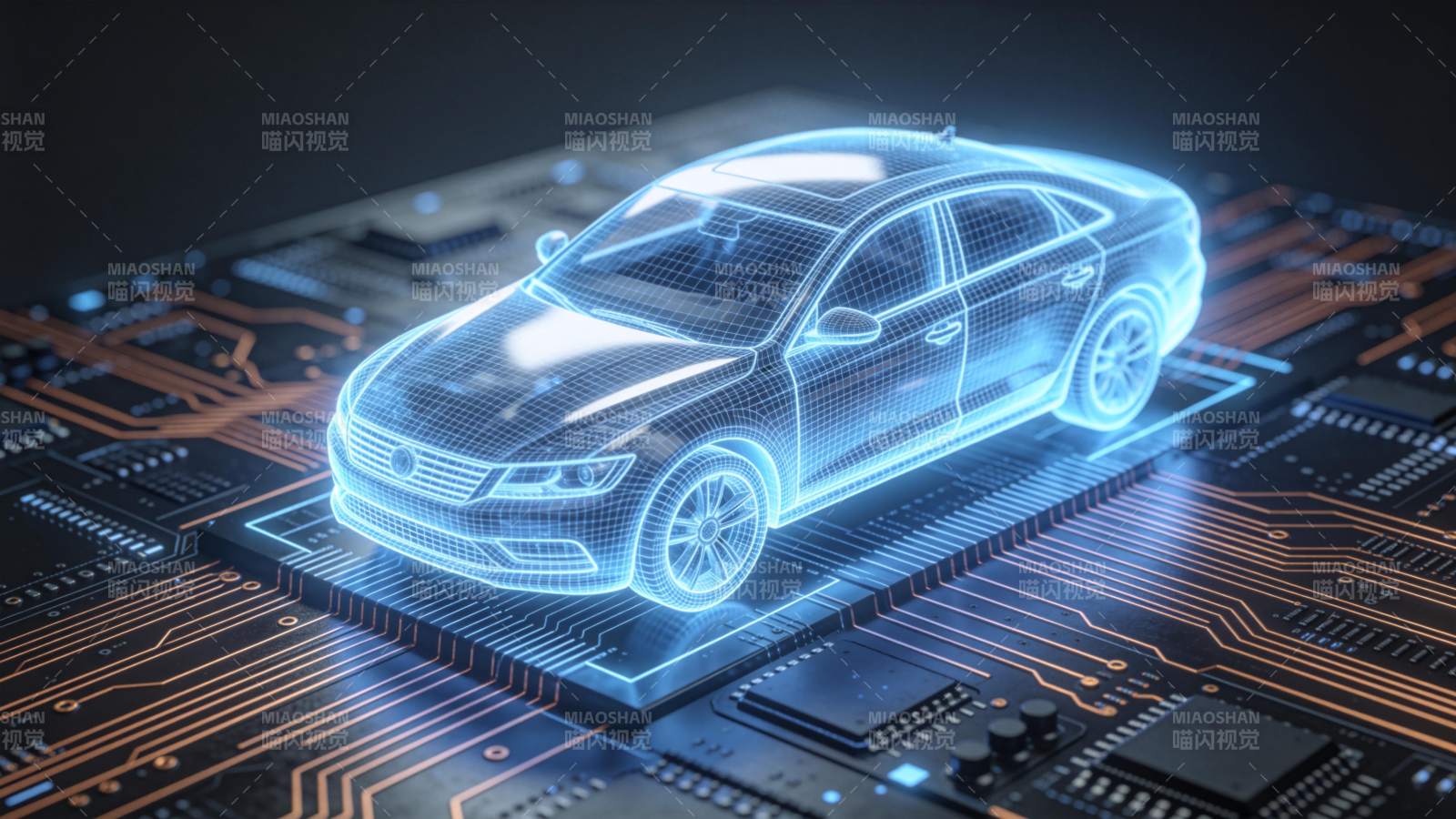 蓝色线框汽车悬浮于电路板之上展示科技融合图片