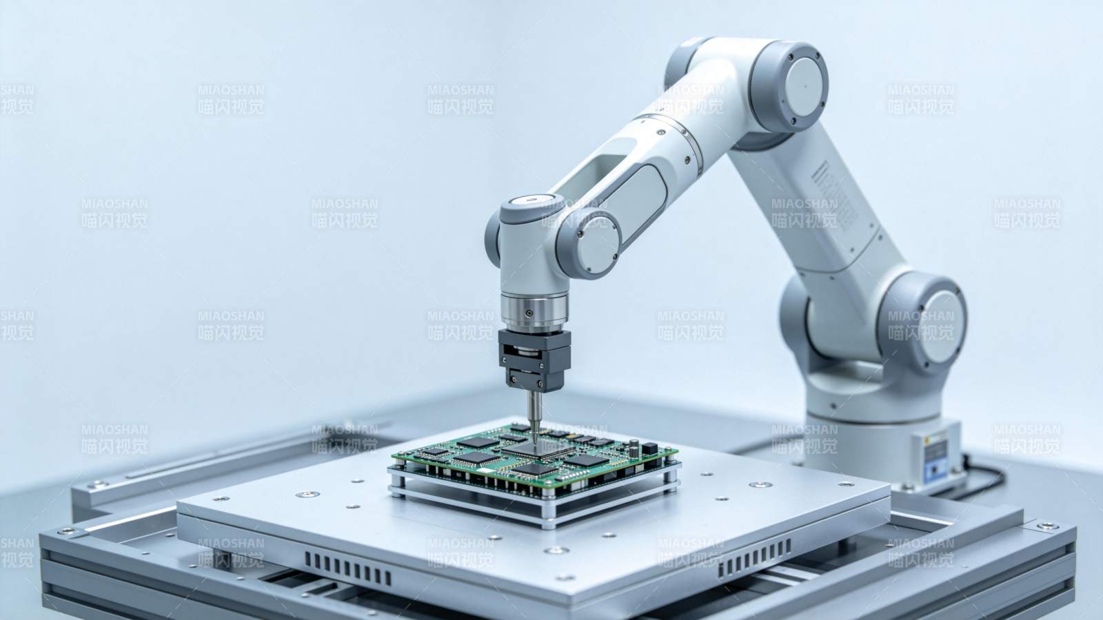 工业机械臂正在精密装配电路板组件图片