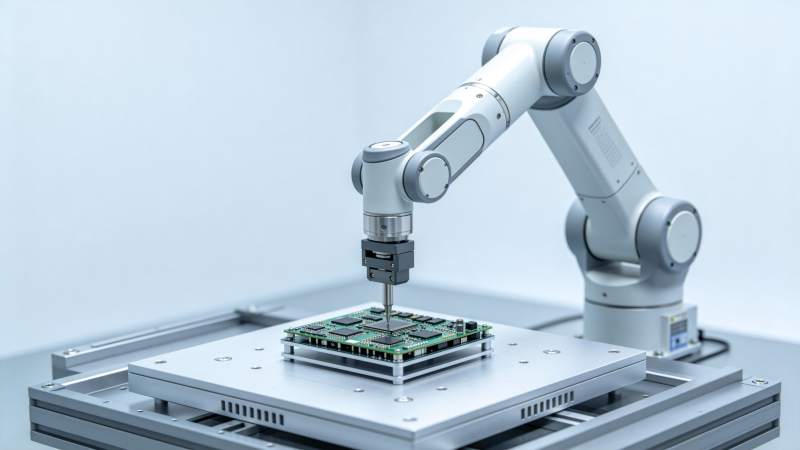工业机械臂正在精密装配电路板组件图片