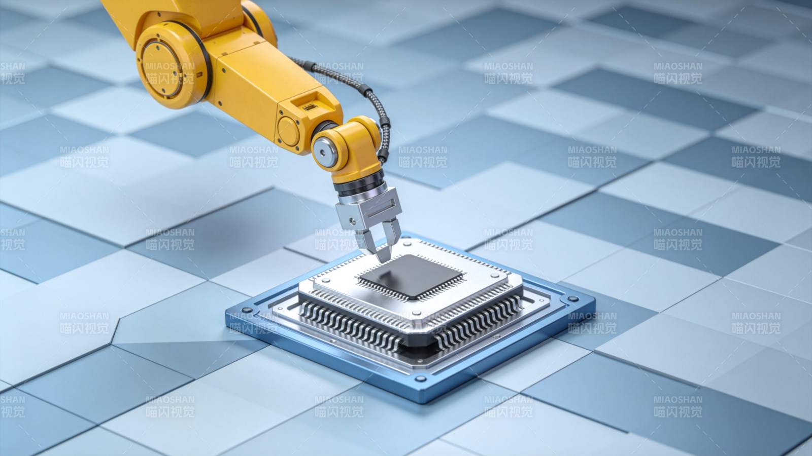 黄色机械臂精准抓取芯片模块图片