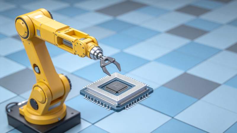 黄色机械臂抓取芯片的工业自动化场景图片