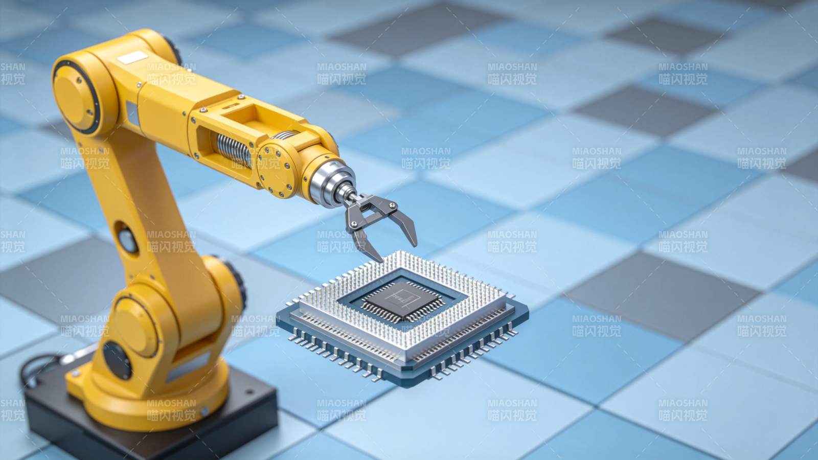 黄色机械臂抓取芯片的工业自动化场景图片