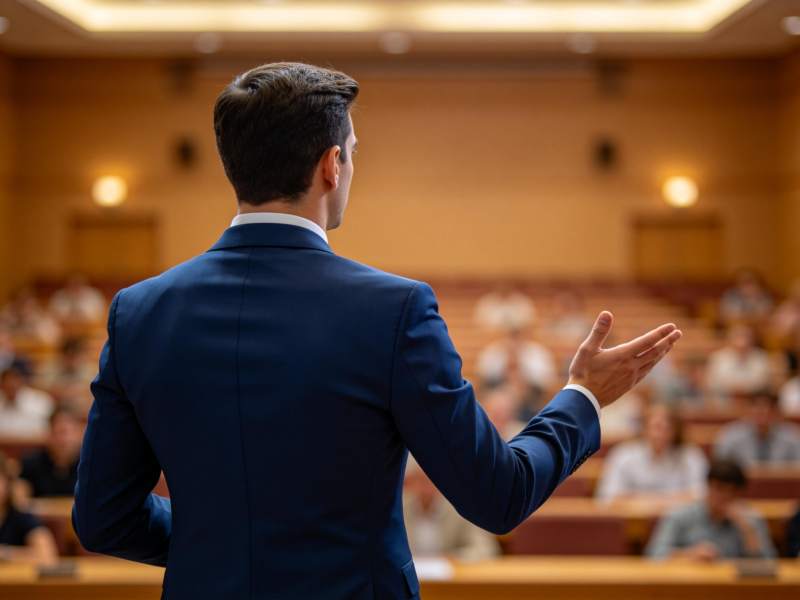 男士背对镜头在讲台前演讲手势示意图片