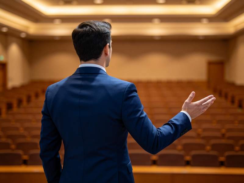 男士背影在空旷会议厅中演讲手势示意图片