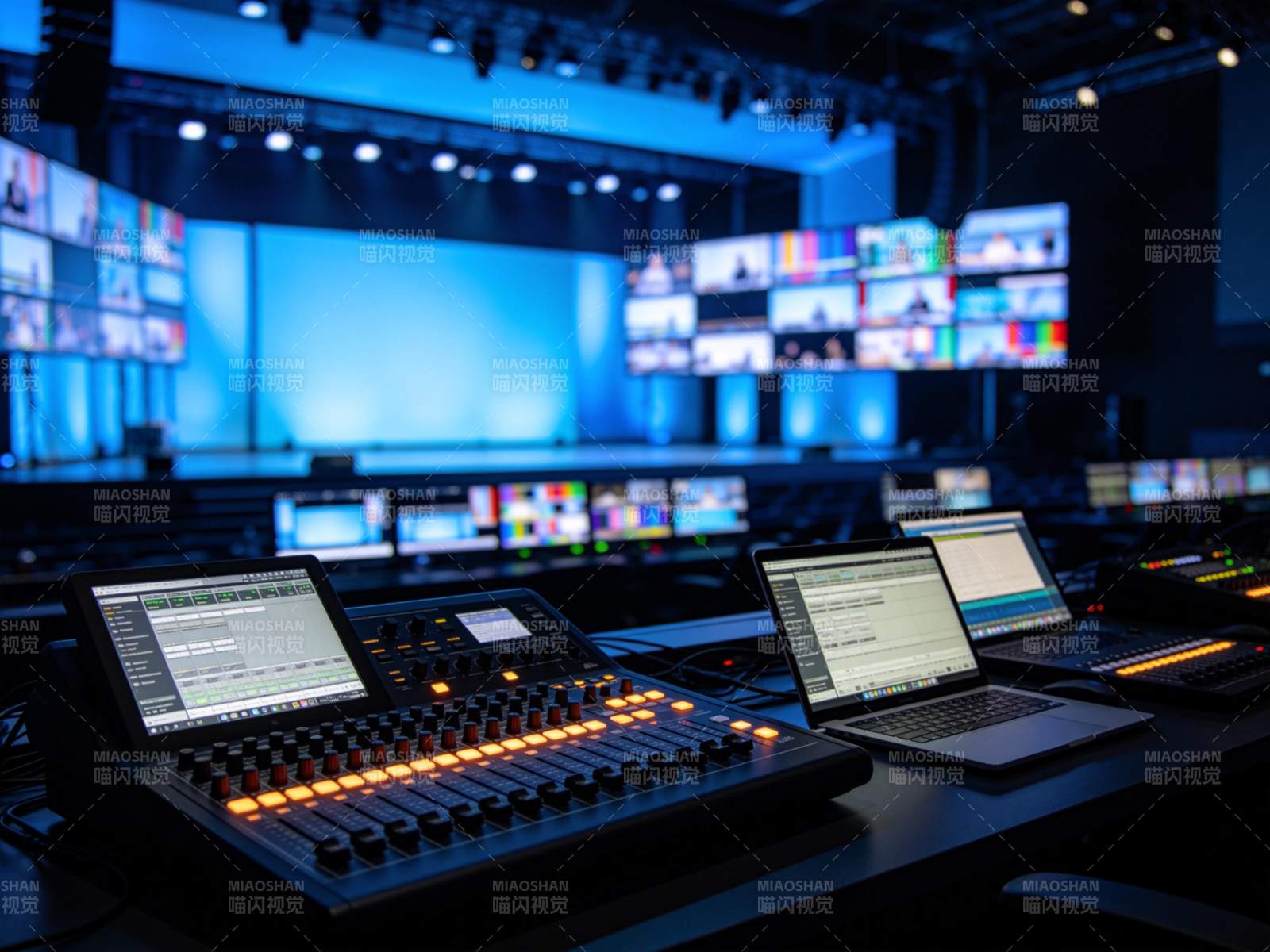 演播厅导播台与多屏监控系统工作场景图片