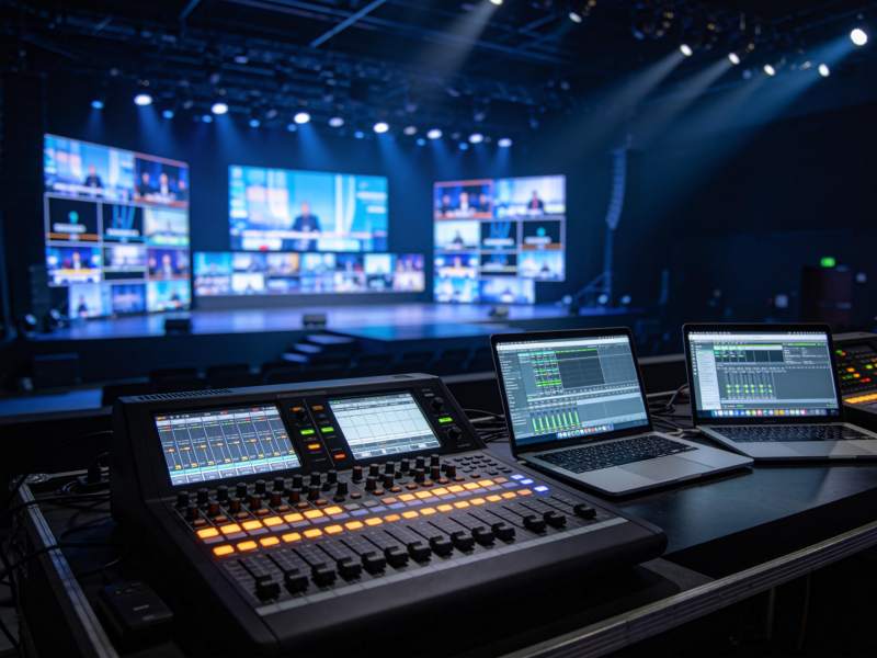 演播厅内音频调音台与多屏直播控制台设备图片