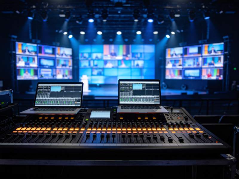 演播厅导播台与多屏监控系统工作场景图片