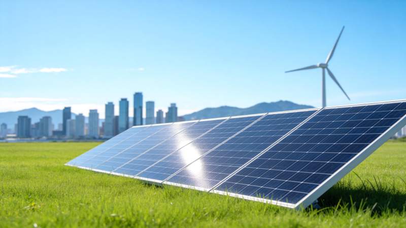 草地上的太阳能板与远处风力发电机城市背景图片