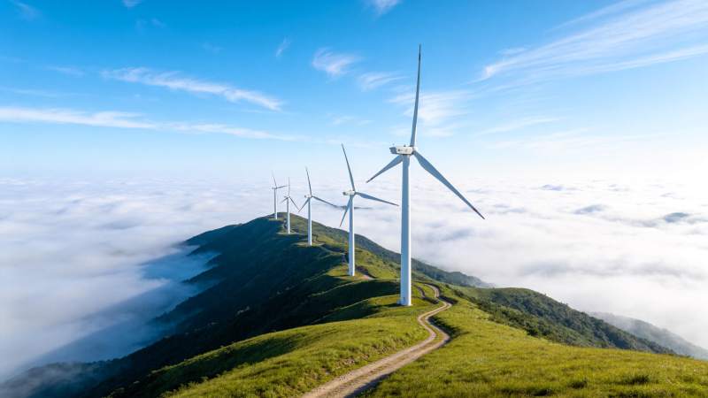 山顶风力发电机群矗立云海之上图片