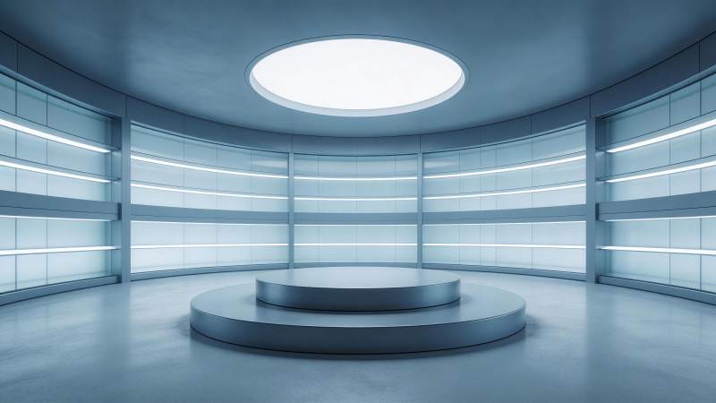 圆形展台与环形灯带构成的未来感展示空间图片